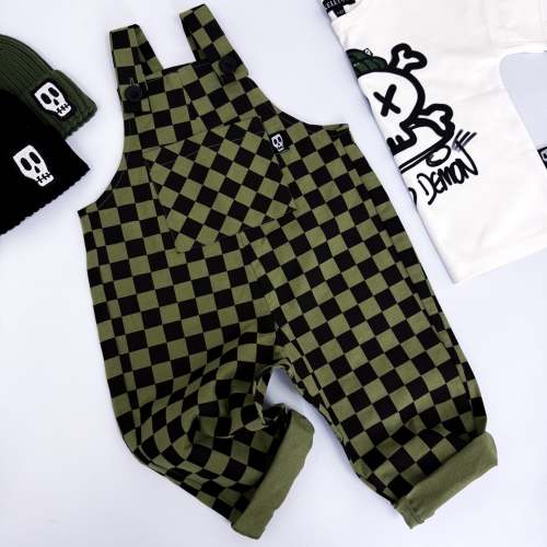 CHECKERBOARD OLIVE GREEN & BLACK DUNGAREES – Skeletots