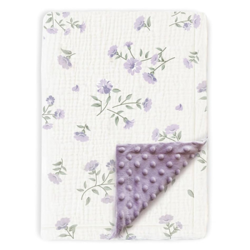 BOPRIO Baby Blankets for Unisex Boys Girls Super Soft Nursery Minky Blankets with Breathable Muslin Cotton Front and 3D Touch Dotted Fleece Backing, Floral Printed Bed Throws Newborn 30 x 40 Inch