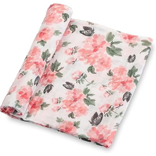 LollyBanks Muslin Swaddle Blankets for Girls, Large 47 x 47 Inches Soft Swaddles for Newborns, 100% Cotton Breathable and Lightweight Baby Blanket, Baby Essentials, Registry (Pink Peony Print)