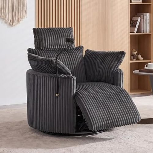 FOXHUNTER Manual Glider Rocking Chair Nursery Rocking Chairs 360°Swivel Rocking Recliner with Phone Holder,Footrest,Oversized Rocking Chair for Living Room(Corduroy Grey)