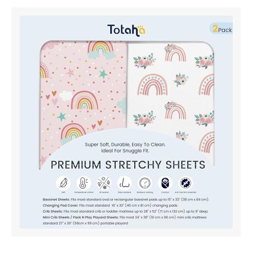 TotAha Pink Rainbow Crib Sheets Girl - Hypoallergenic, Silky Comfort, Buttery Soft, Calming Effect, All-Season Premium Stretchy Jersey-Knit Sheets, 9'' Extra Deep Pocket-2 Pack