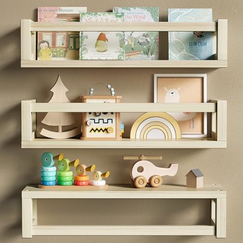 Sturdy Floating Shelves – Set of 3 Wall Bookshelves and Nursery Floating Shelves for Books, Toys, Kitchen, Bathroom, and Home Decor – Natural Poplar