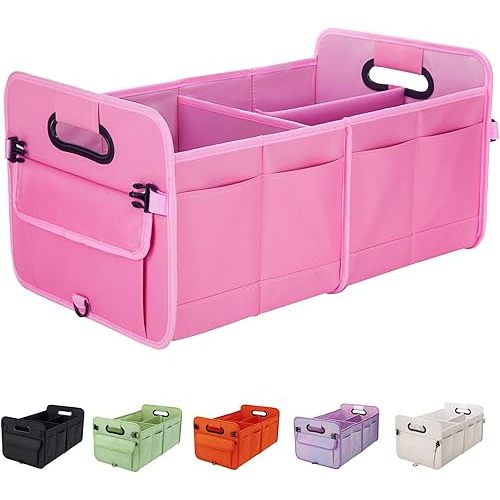 Trunk Organizer For Suv & Sedan,Car Organizers and Storage, Waterproof Collapsible & Adjustable Straps,70L Sturdy Car Organization for Car Accessories, Tools,Sundries,2-3 Compartment（Pink