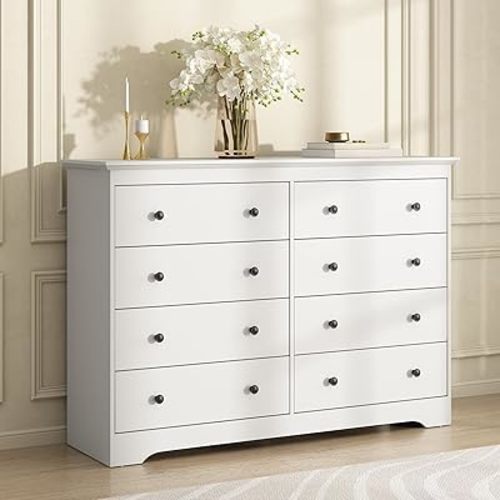White Dresser for Bedroom, 8 Drawer Dresser with Large Drawers, 55 Inch Wide Wood Chest for Living Room, Hallway