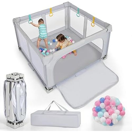 Costzon Foldable Playpen for Babies, 50''x50'' Portable Baby Play Pen with 50 PCS Ocean Balls, 4 Handles, Carry Bag, Visible Mesh, Kids Activity Center with Gates, Indoor & Outdoor Gate Play Pen