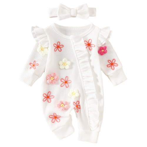 Karoyedx Infant Girl Outfits Newborn Baby Girl Coming Home Outfit Ruffle Romper Cute Ribbed Knit Jumpsuit Winter Clothes and Headband White Size,0-3 Months
