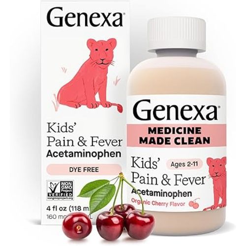 Genexa Kids’ Clean Pain & Fever Acetaminophen, Dye Free, 0% Artificial Additives, Delicious Organic Cherry Flavor, Liquid Oral Suspension Medicine for Children 2-11, 160 mg per 5mL, 4 fl oz