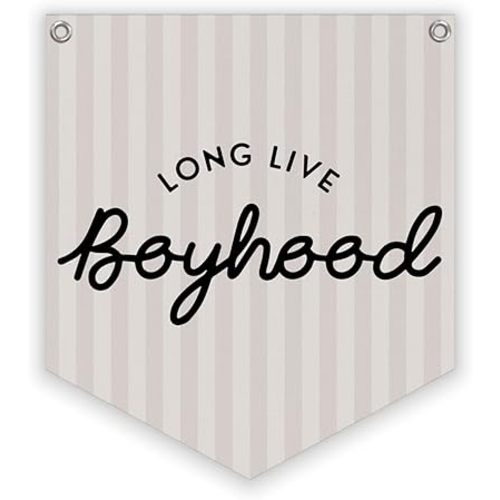 Long Live Boyhood Linen Banner,Vintage Boy Room Toddler Decor,Boy Bedroom Wall Hanging Banner Pennant Flag Decor for Nursery Playroom,12.4x14 in(Neutral Stripe)