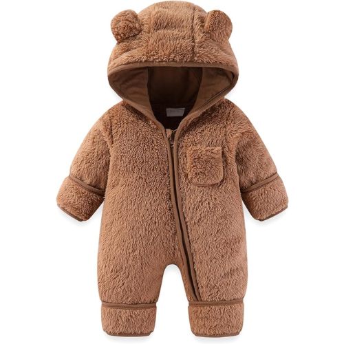 Newborn Baby Bear Outfit With Fold-Over Mittens and Footies Girls Boys Winter Fleece Clothes Hooded Romper Snowsuit
