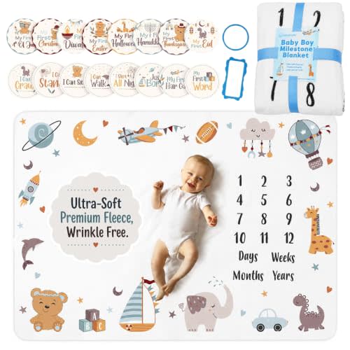 Baby Boy Monthly Milestone Blanket with 16 Milestone Stickers - 60" x 40" - Wrinkle Free Baby Age Month Blanket - Washable & Fade Resistant - Ultra Soft Fleece for Mom & Baby Shower