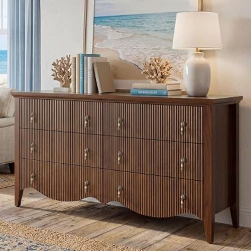 senlin Fluted 6 Drawer Dresser,Vintage Chest of Drawers,Walnut