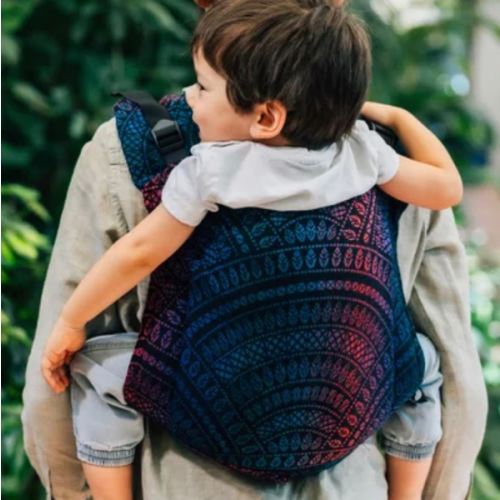 Lenny Buckle Onbuhimo PRO baby carrier, Toddler size, jacquard weave (60% cotton, 28% merino wool, 8% silk, 4% cashmere) - PEACOCK'S TAIL - BLACK OPAL