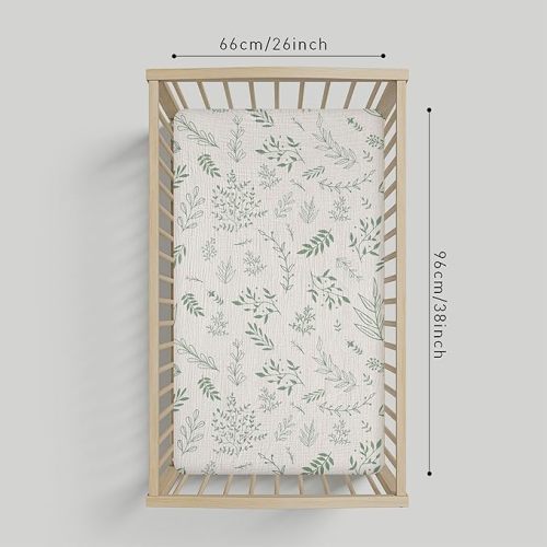 Muslin Mini Crib Sheets 2 Pack, Soft Breathable Cotton Mini Crib & Pack N Play Fitted Mattress Sheets, 360° Snug Elastic Universal Fit, Unisex Baby Bedding Sheets Set (Bright Leaves)