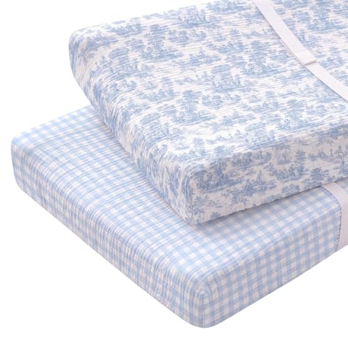 2 Pack Blue Toile Checkered Muslin Changing Pad Covers for Boys Girls, Soft Breathable Cotton Baby Diaper Change Covers for Dresser or Table, Neutral Nursery Diaper Changing Pad Sheets