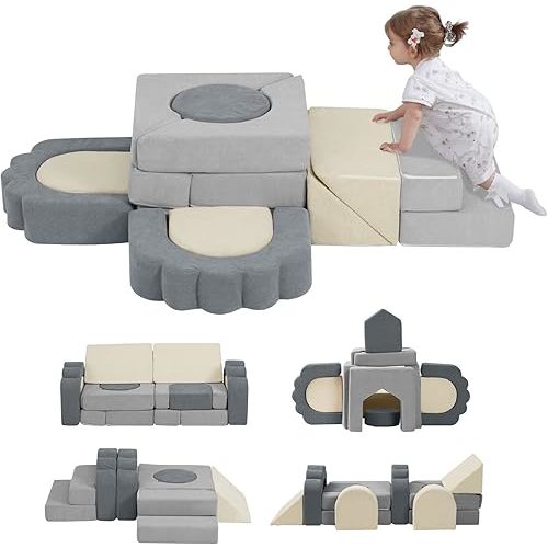 13 Pieces Foam Climbing Blocks for Toddlers 1-3|Kids Floral Soft Play Climbing for Indoor,Infant Modular Crawing Toys with Washable Cover for Playroom,Bedroom,Nursery and Preschool,Gray & Beige