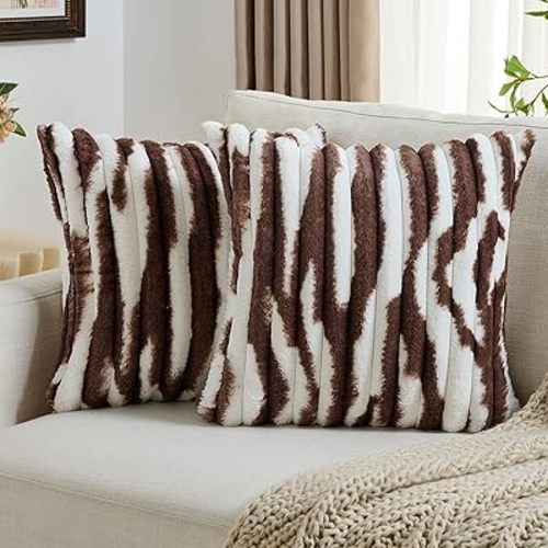 FUTEI Dark Coffee Decorative Throw Pillow Covers 18x18 Inch Set of 2, Soft Tie-Dye Faux Rabbit Fur Striped Texture Cushion Case, Modern Home Decor for Couch Bed Living Room