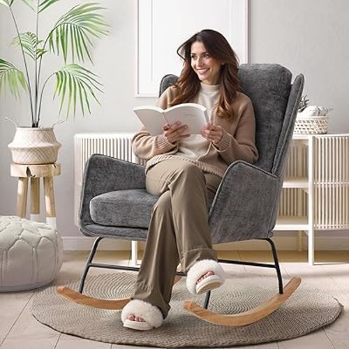 Nursery Rocking Chair, Comfy Rocker Armchair for Nursery, Modern Nursing Glider Rocking Chair Indoor with High Backrest for Living Room, Bedroom, Baby Room, Dark Grey