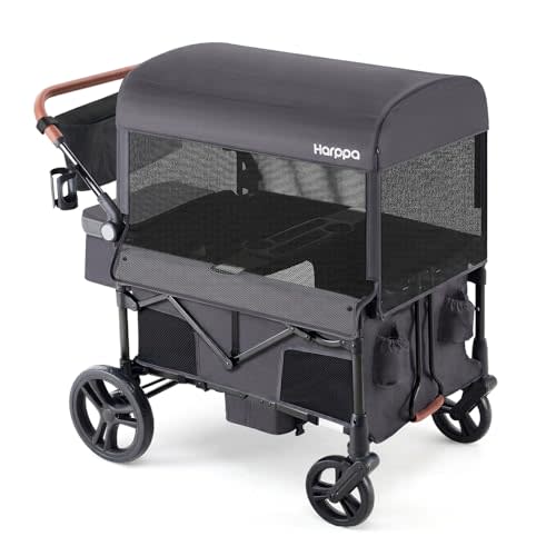 Harppa Remy 4 Seater Wagon Stroller, Foldable with Canopy for 4 Kids | Wagon Strolle with Mosquito Net Canopy,Snack Tray, 8''/12''All-Terrain Wheels, 280Ibs Capacity for Zoo, Family Outings