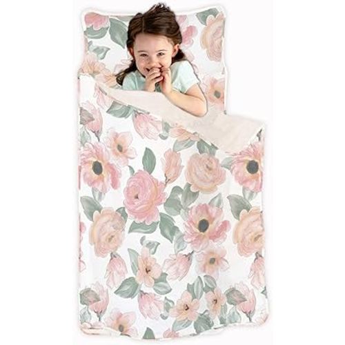 JumpOff Jo Nap Mat for Kids - Cozy Kids Rest Mat with Removable Pillow and Ultra Soft Blanket for Preschool, Daycare, and Sleepovers - Floral Watercolor