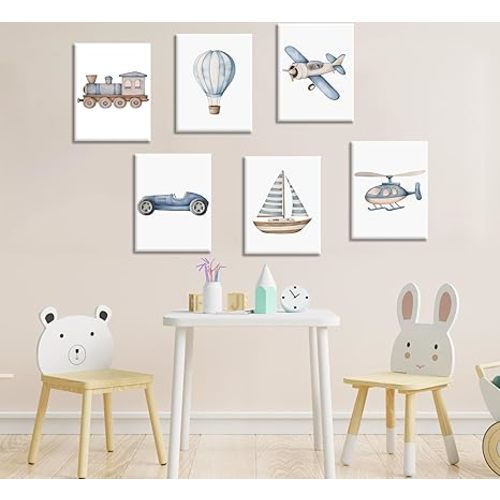 Vintage Baby Boy Nursery Wall Art Blue Transportation Car Airplane Painting Picture Wall Decor Toddler Vehicle Train Boat and Hot Air Balloon Poster Print Artwork for Kids Boys Room Bedroom Decorate