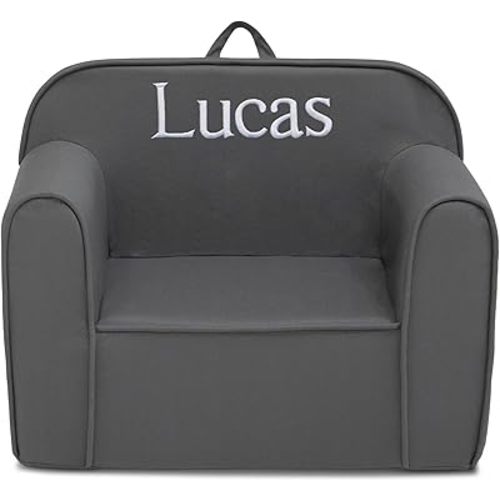 Delta Children Personalized Cozee Chair – Customize with Name – Foam Kids Chair for Ages 18 Months and Up, Dark Grey