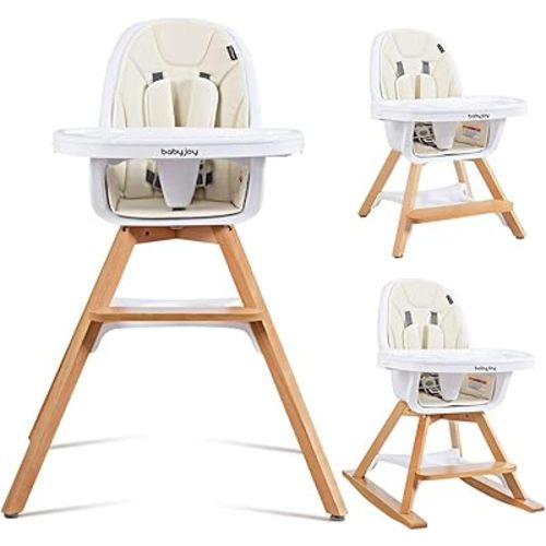 BABY JOY 3 in 1 High Chair, Baby Eat & Grow Convertible Wooden High Chair/Rocking Chair/Booster Seat/Toddler Chair, Infant Dining Chairs w/Double Removable Tray, 5-Point Seat Belt & PU Cushion, Beige