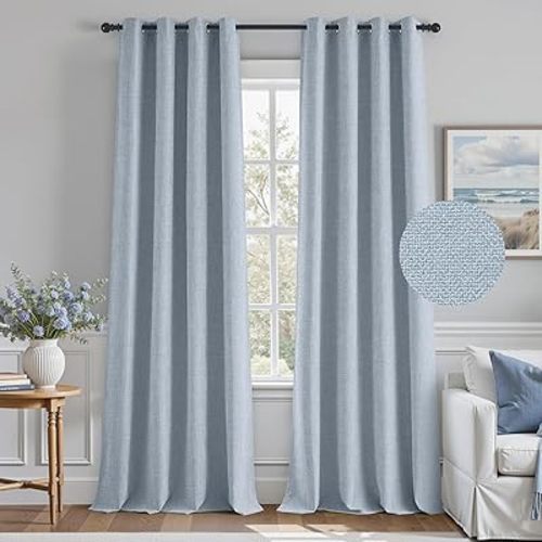 HOMEIDEAS 100% Blackout Light Blue Faux Linen Curtains 52W x 84L 2 Panels