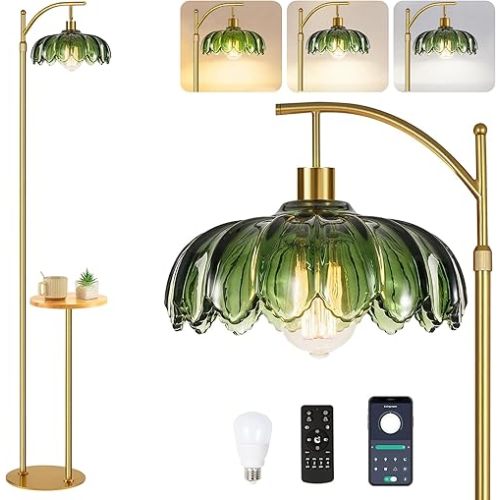 QIYIZM Gold Floor Lamp with Table and Shelves for Living Room Bedroom,Glass Standing Lamp with Remote Dimmable,Boho Brass Tall Lamp Vintage Farmhouse Arc Flower Floor Light Bohemian