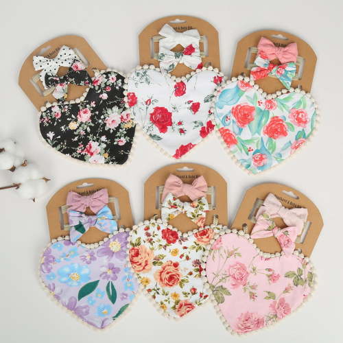 Newborn Baby Bib with Bow Headband, Baby Heart Bandana Drooling Teething Muslin Saliva Towel Adjustable Cotton Lace Toddlers
