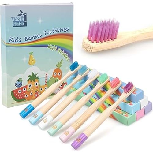 Kids Bamboo Toothbrushes, BPA-Free Soft Bristles, Eco-Friendly Natural Wooden Toddler Toothbrush, 6-Pack Travel Toothbrushes Set for Children