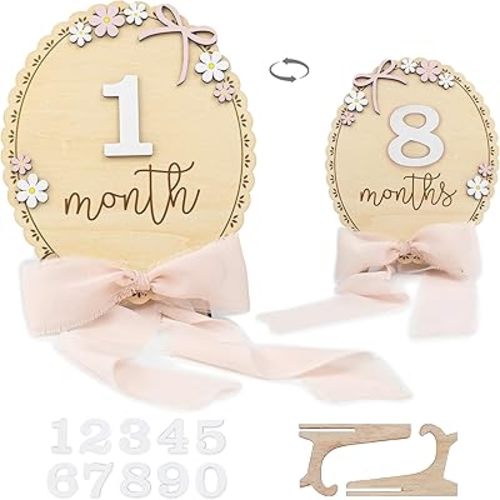 Baby Monthly Milestone Wooden Sign with Numbers and Stand – Natural Wood Milestone Board for Newborn Monthly Growth Photos – Cute 3D Flowers Photo Prop for Baby Milestone Memories (Light Pink Ribbon)