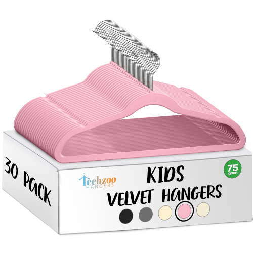 Techzoo Premium Kids Velvet Hangers 30 Pack – 14" Non Slip Felt Cloth Hangers for Closet – Ultra Slim, Space Saving Kids Clothes Hangers with 360° Swivel Hook, Toddler Children Kids Hangers – Pink