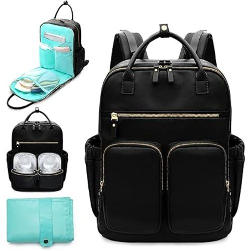 MOMINSIDE Diaper Bag Backpack, Leather Baby Bag with 18 Pockets, Diaper Backpack for Women Mom, Travel Baby Bag for Girl Boy, Large Wet Pocket, 4 Insulated Pockets, Stroller Straps, Black
