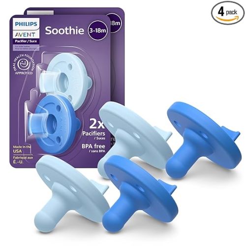 Philips Avent Soothie Baby Pacifiers - 100% Silicone Pacifiers for Babies 3-18 Months, One-piece Design, BPA-Free, Extra Durable, Sky Blue and Light Blue, 4 Pack, Model SCF192/71
