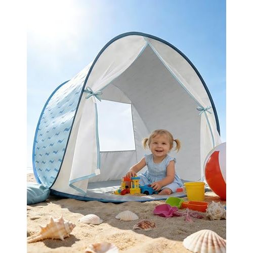Pop-Up Baby Beach Tent UPF 50+ with Mosquito Net, Rear Vent, Sand Pockets | Bug-Proof Baby-Safe Material Heat-Reflective Coating Wider Canopy Lightweight Portable Double Wind-Secure Water-Resistant