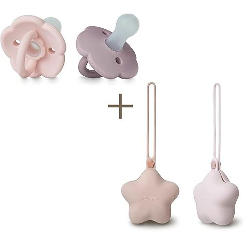 Moonkie Silicone Pacifier Holder Case & Pacifiers Set of 2 | Cute Portable Storage for Baby Pacifiers | BPA-Free One-Piece Design Pacifiers for 0-6 Months | Safe, Durable & Easy to Clean