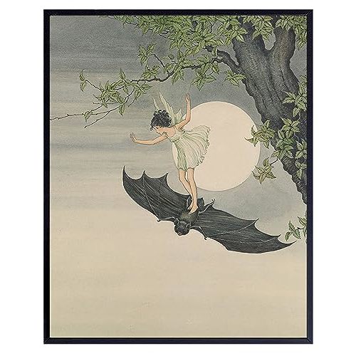 Moon Wall Decor for Women - Gothic Bat Decor Vintage Art - Bat Halloween Decorations, Witchy Gifts - Black Magic Pagan Gifts Wall Art for Women - Wiccan Print Wicca Girl Psychic Woman Tarot Horoscope