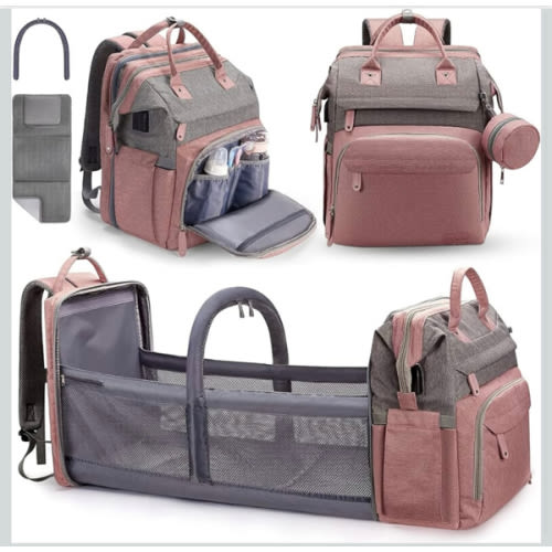 DERJUNSTAR Baby Diaper Bag Backpack, Diaper Changing Station, Baby Bags for Boys Girls,Waterproof Changing Pad,USB Charging Port,Pacifier Case, Sunshade and Toy Bar, Pale Pink