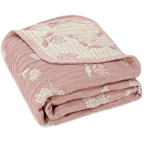Muslin Baby Blanket, Organic Cotton Blend Jacquard (Pink Botanical) | 43x43 Inches, Reversible 6-Layer Weave, Lightweight Swaddle, Toddler Crib Quilt, Cute Baby Girl Gift, Curated Gift Box