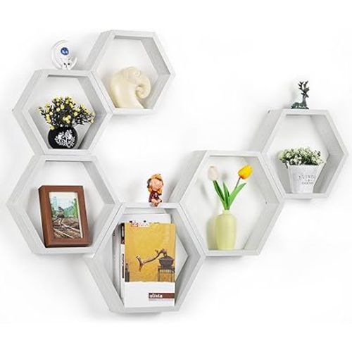 Hexagon Floating Shelves Set of 6 Wood Honeycomb Shelves Wall Mounted Farmhouse Storage Honeycomb Wall Shelf Hexagonal Decor Shelf with Hanging Hardware for Bedroom Living Room Kitchen, White MDF