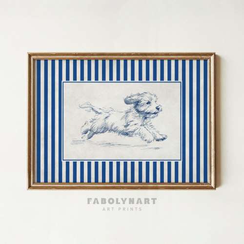 Cockapoo with Zoomies Print, Blue Striped Running Dog Sketch Painting, Dog Mom Gift