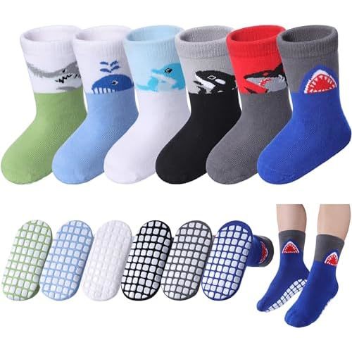 Baby Toddlers Non Slip Socks with Grippers Cotton Crew Gift Grips Socks for Kids Boys Girls 6 Pairs
