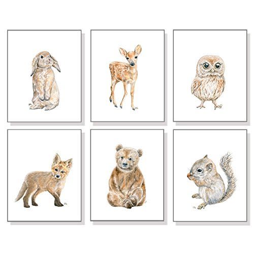 Woodland Nursery Decor, Woodland Nursery Wall Art Prints Set of 6, Baby Woodland Animal Watercolors, Bear Deer Fox Bunny Owl Squirrel