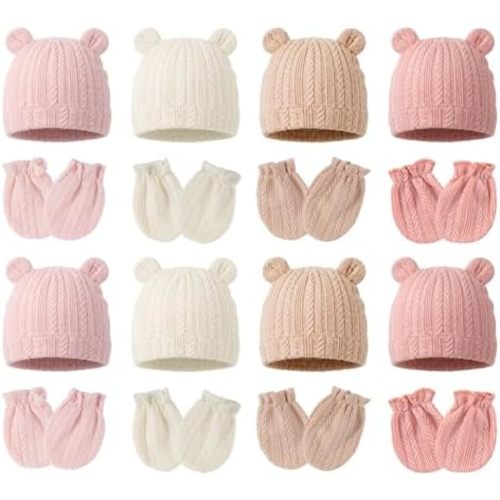 Newborn Baby Girl Hats Mittens Set Cotton for Infants 0-6 Months