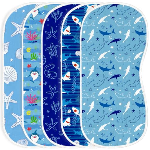 5pcs Ocean Whale Baby Burp Cloths for Boys Girls Parent,100% Cotton Ocean Shark Collection Muslin Burping Cloths for Spitting Up,Newborn Infant