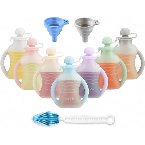 PandaEar 7-Pack Reusable Silicone Baby Food Pouches with Handles, 4oz Refillable Portable Pouches for Toddlers & Infants, BPA-Free Self-Feeding Yogurt & Smoothie Bags, Includes 2 Funnels