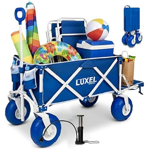 Beach Wagon Cart with Big Wheels for Sand - Heavy Duty Collapsible Folding Utility Wagon 300lbs Capacity with 9” All-Terrain Pneumatic Tires & Cup Holders - Portable Garden Camping Outdoor Cart (Blue)