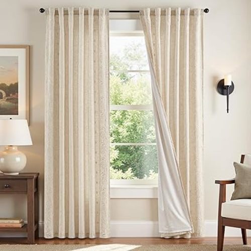 jinchan Winslow Lined Linen Curtains for Bedroom 84 Inches Linen Blended Embroidered Bordered Floral Curtains for Living Room Farmhouse Decor Window Treatments Ivory on Beige Drapes 2 Panels