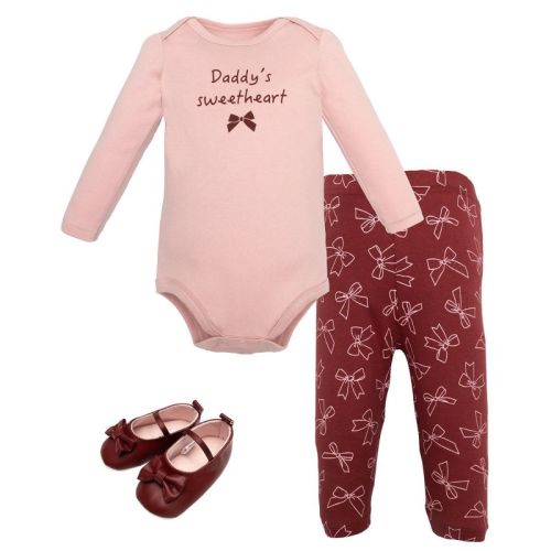 Hudson Baby Infant Girls Cotton Bodysuit, Pant and Shoe Set, Sweetheart Bows, 3-6 Months