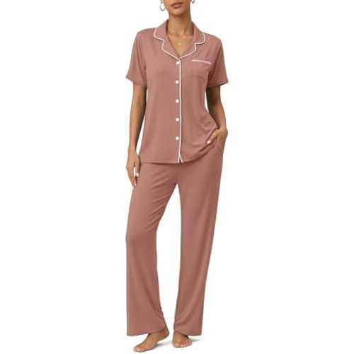 ZMJ Womens Pajamas Sets 2 Piece Button Up Pj Sets Short Sleeve with Long Pant
